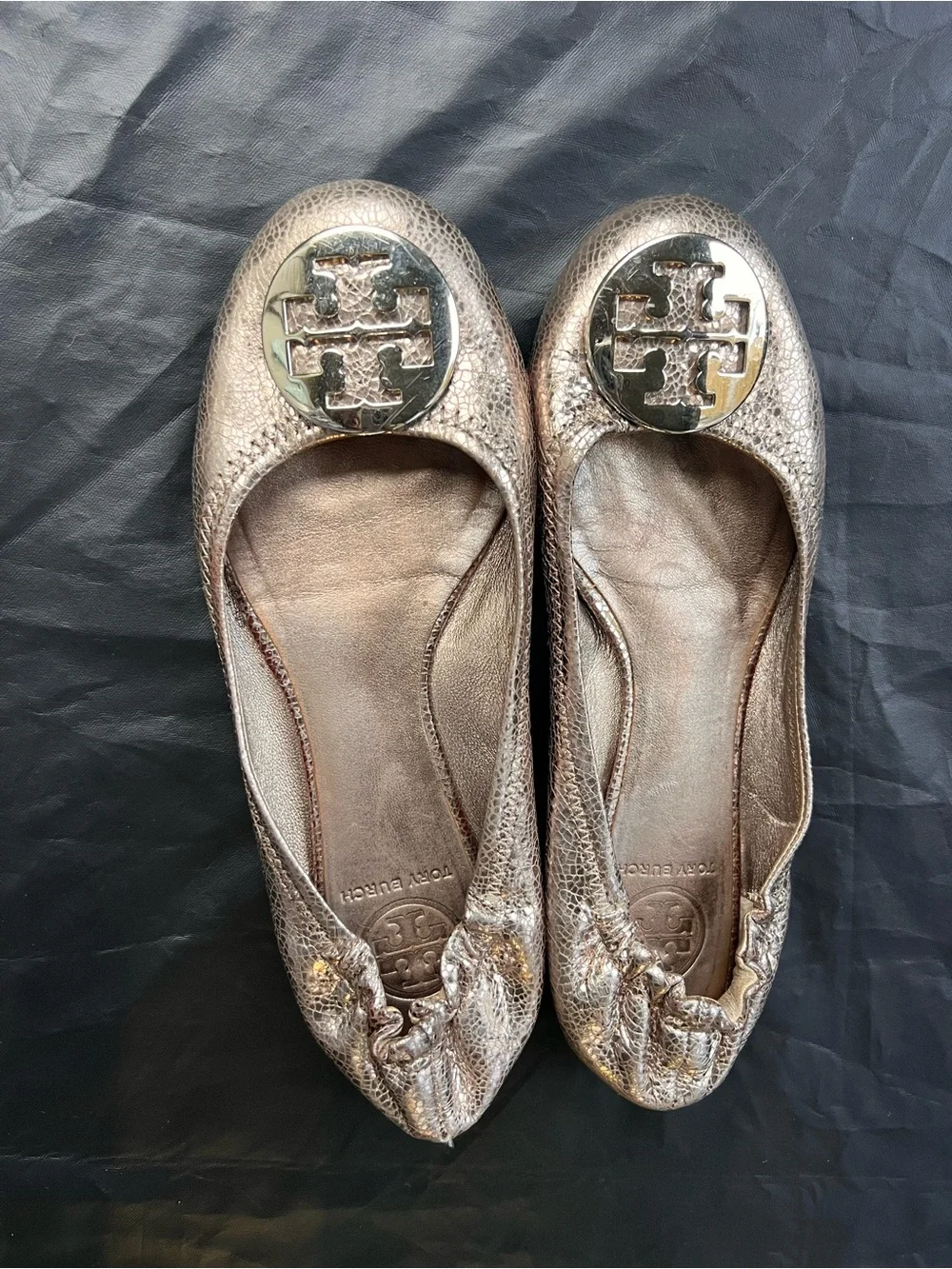 Tory Burch Reva Metallic Leather Ballet Flats Logo Stretch Back 6 6.5 Balletcore